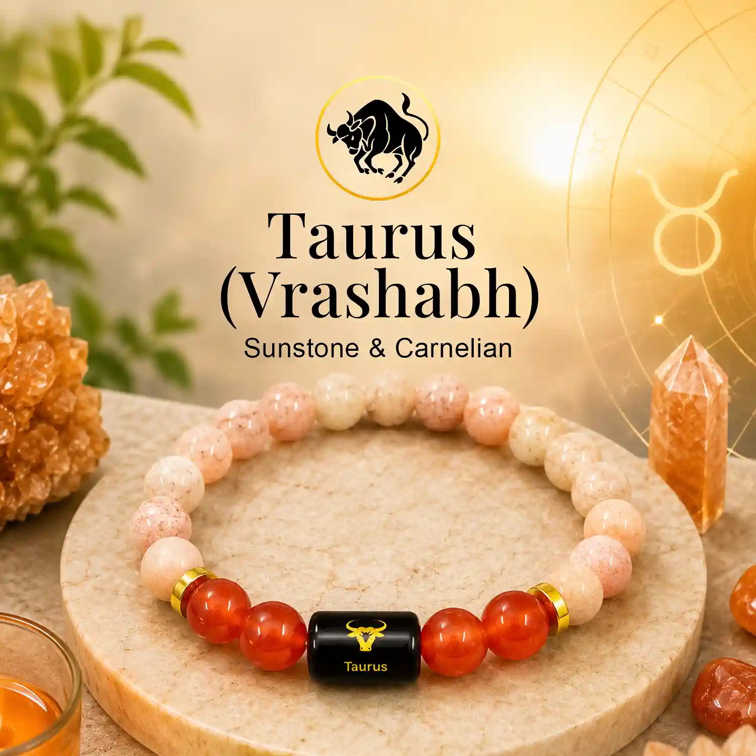 Taurus (Vrashabh) Zodiac Sign Bracelet with Sunstone & Carnelian